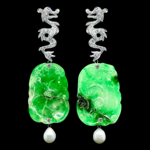 INTERCHANGEABLE DRAGON EARRINGS WITH GREEN JADE PENDANTS AND PEARLS